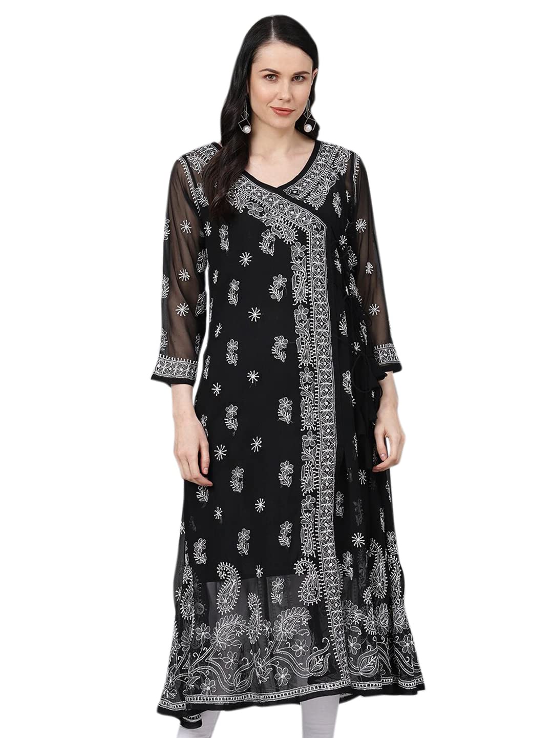 Ada Handcrafted Lucknowi Chikan Women's  Georgette Angrakha Kurti Kurta with Slip A100593