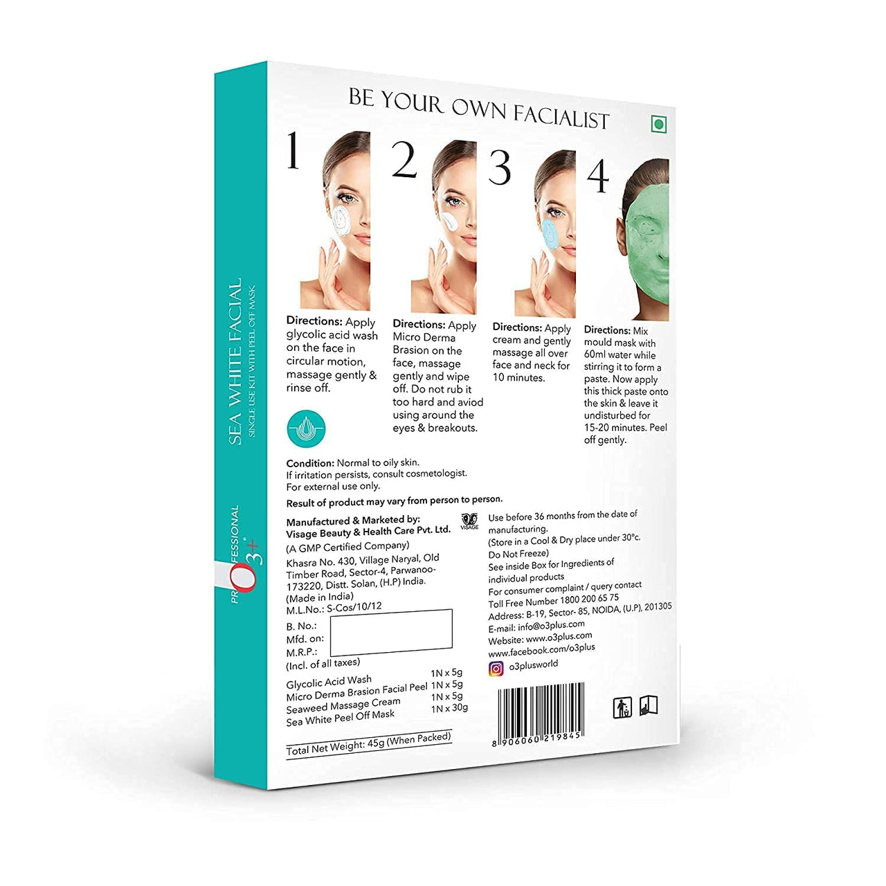 O3+ Sea White Brightening Facial Kit 45g with Peel Off Mask for Women| Suitable For Normal To Oily Skin Types