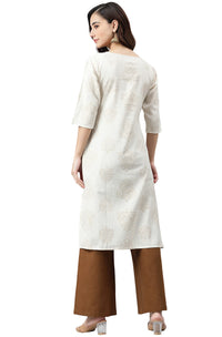 Janasya Women's  Beige Cotton Flex Kurta With Palazzo