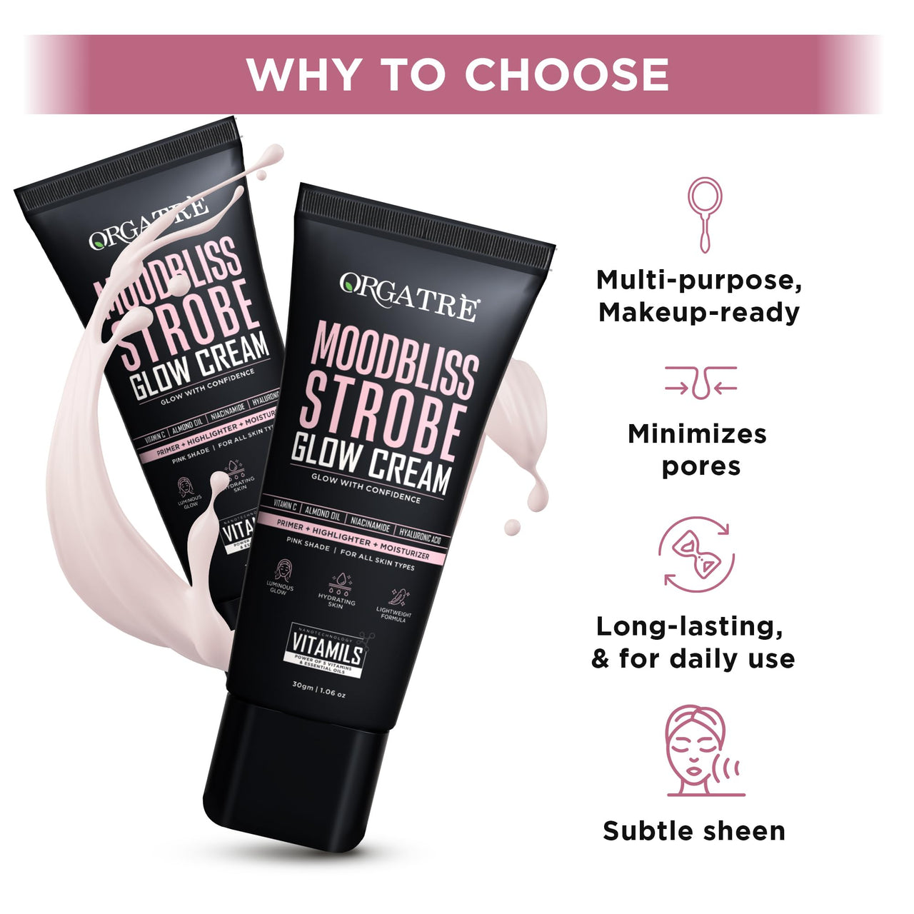 Orgatre Strobe Glow Cream for Instant Face Radiance | Primer Highlighter Moisturizer with Vitamin C, Almond Oil, Niacinamide & Hyaluronic Acid | Makeup Base for Oily Acne-Prone Skin | Pink Shade | 30g