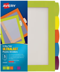 Avery Ultralast Big Tab Plastic Dividers for 3 Ring Binders, 5-Tab Set, Multicolor with White Labels, 1 Set (24900) 5 tab