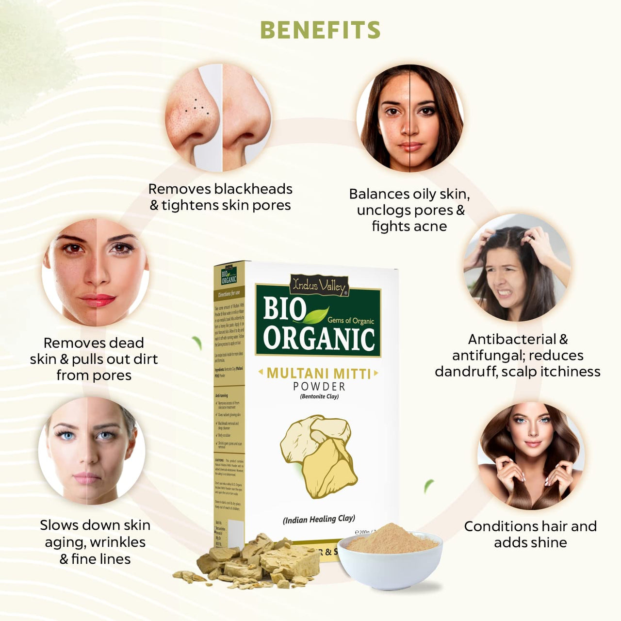 INDUS VALLEY Bio Organic Multani Mitti Powder For Skin, Hair | Fuller's Earth | Bentonite Clay For Glowing Skin, (300g+50g)