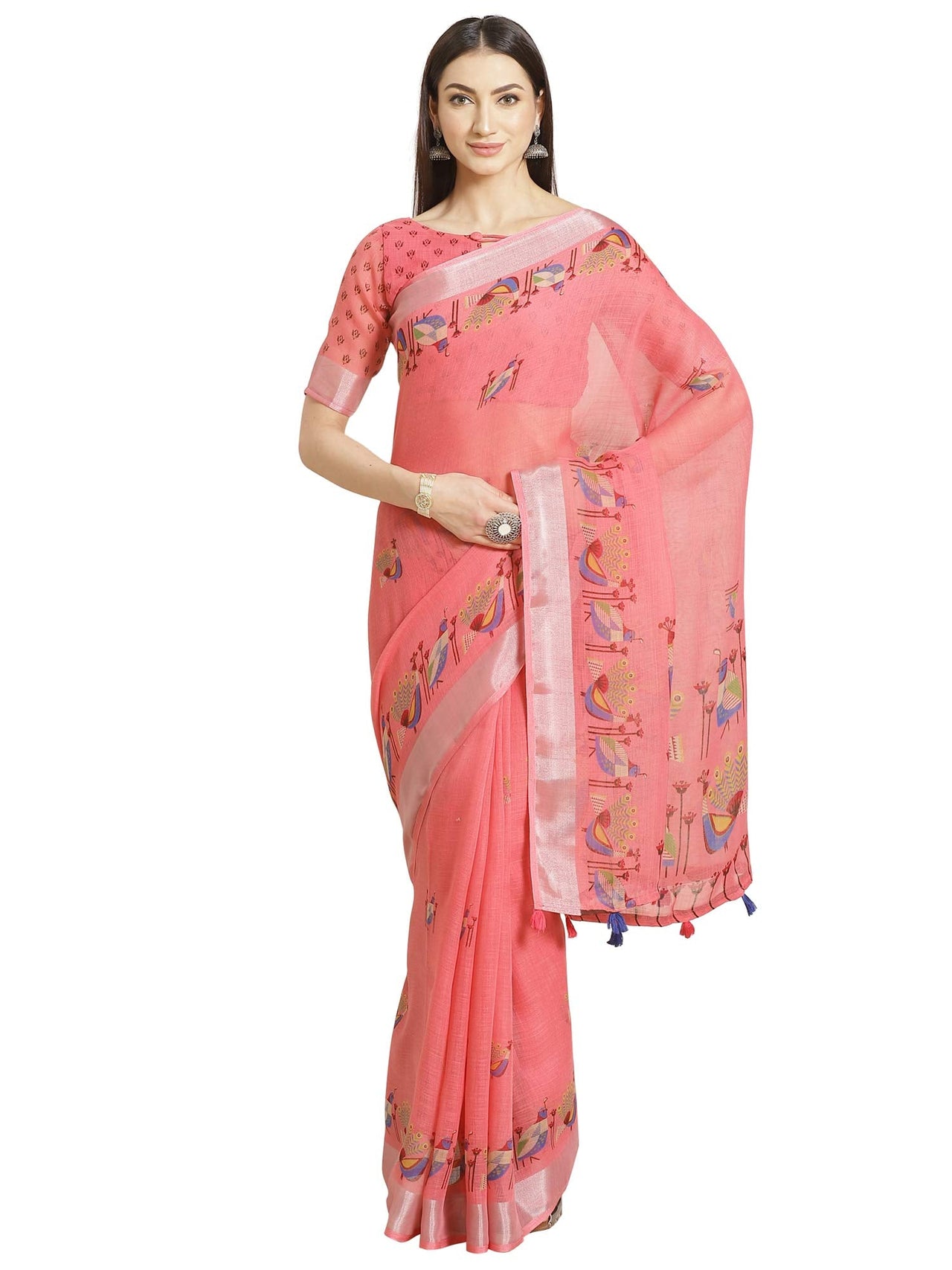 AKHILAM Women's  Linen Geometric Saree With Unstitched Boluse Piece