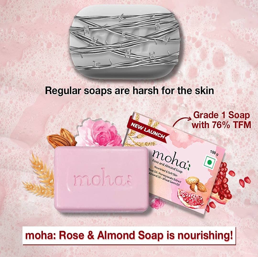 moha: Rose and Almond Bath Soap Unisex Bathing Bar with the benefits of Rose oil Pomegranate extract Almond oil wheat germ oil for soft, nourished and youthful skin - 100gm (Pack of 6)