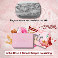 moha: Rose and Almond Bath Soap Unisex Bathing Bar with the benefits of Rose oil Pomegranate extract Almond oil wheat germ oil for soft, nourished and youthful skin - 100gm (Pack of 6)
