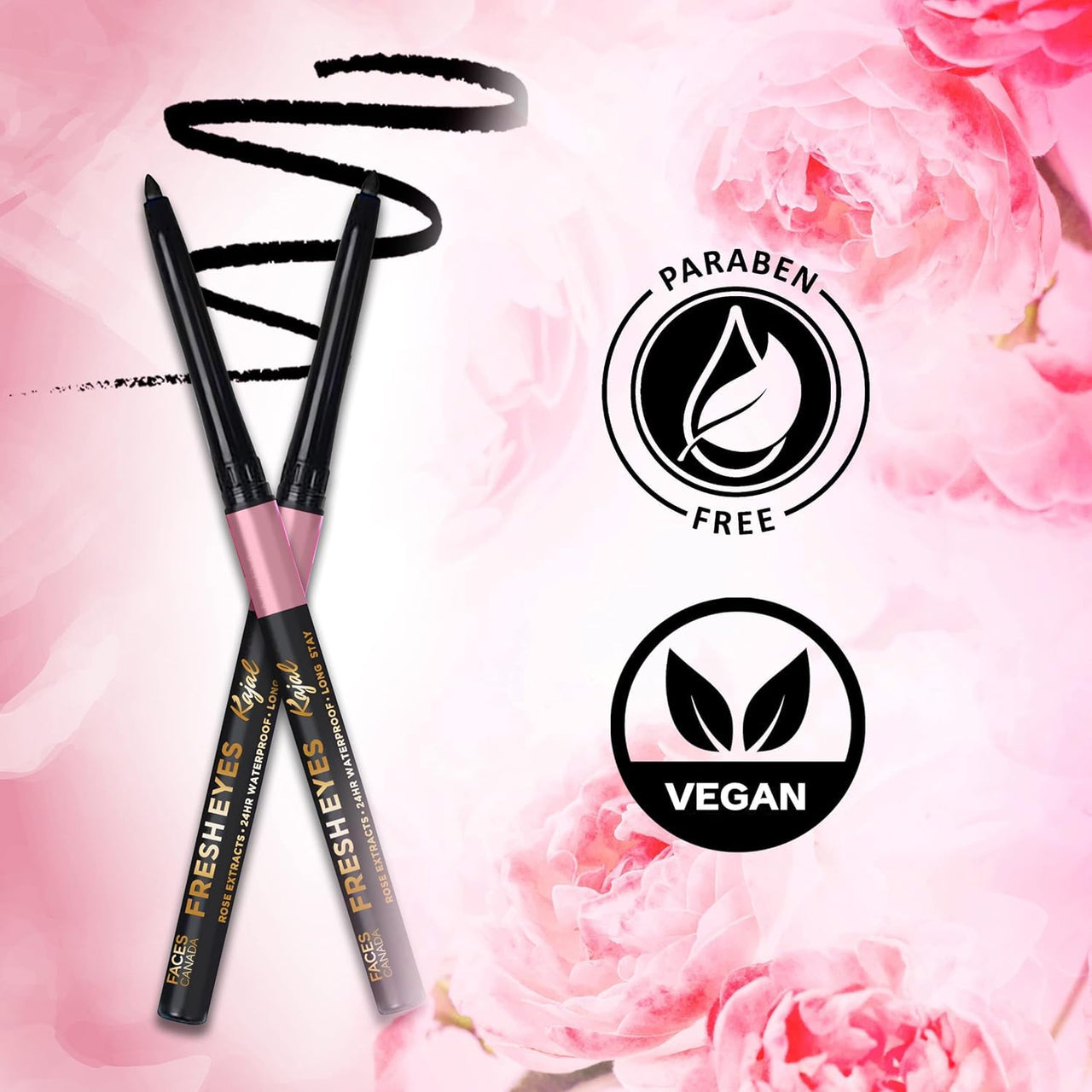 FACESCANADA Fresh Eyes Kajal Stick, 0.35G | With Rose Extracts | 24Hr Waterproof | Suits Sensitive Eyes | Intense Black Matte Finish | Refreshes Tired Eyes | Gentle | Smudgeproof | Vegan