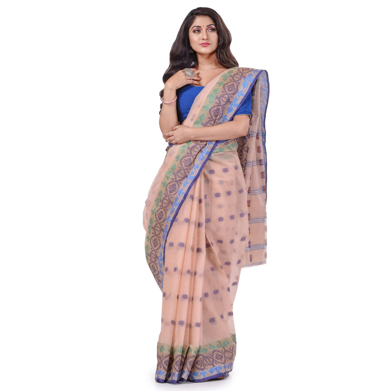 dB DESH BIDESH Women`s Traditional Bengal Tant Tri Leaf Woven Design Pure Handloom Cotton Saree Without Blouse Piece