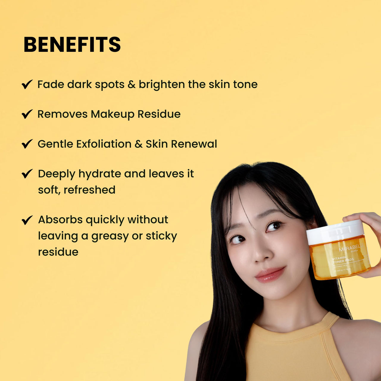 Mirabelle Korea Vitamin Toner Pads | Hydrating & Brightening | Korean Skincare for Glowing Skin | Niacinamide & Vitamin to Reduces Dark Spots | Removes Makeup Residue | 70 Pads