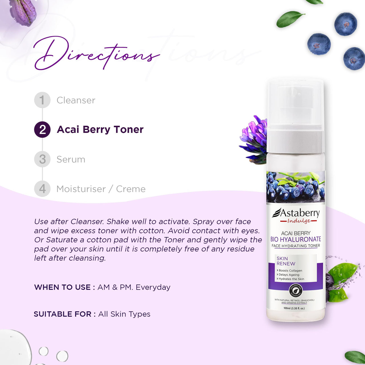 Astaberry Indulge Acai Berry Bio Hyaluronate Face Hydrating Toner 100ml - Boosts Collagen | Soothes and Clarifies | Hydrates the Skin