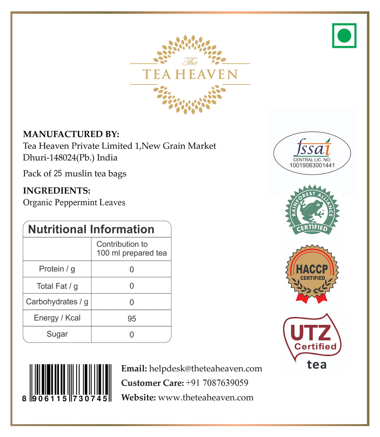 The Tea Heaven | Tea Gift - Peppermint Herbal Tea- 25 Tea Bags- Gas and Acidity Relief, Improves Digestion