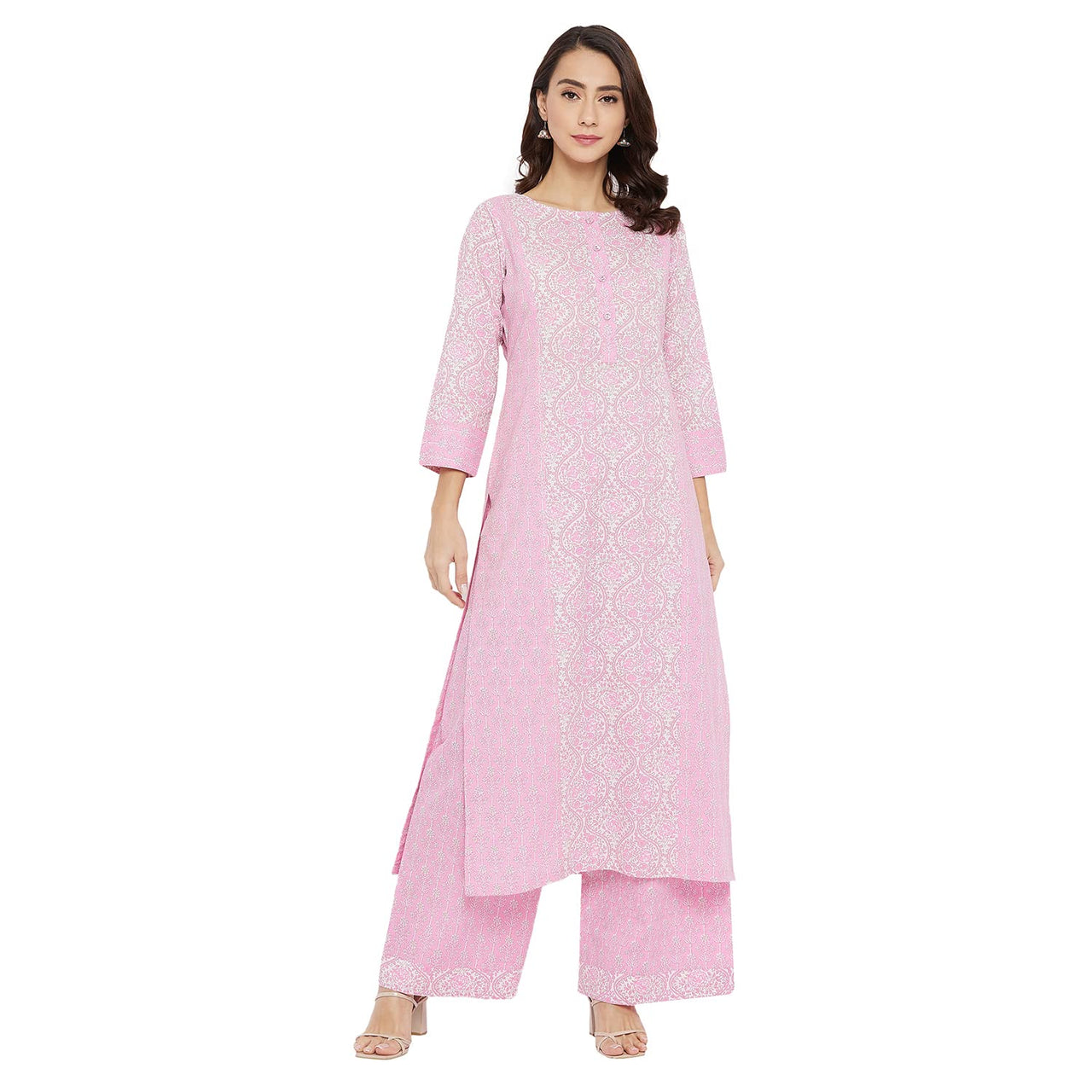 Tissu Women's  Cotton Pink & White Floral Printed Kurta with Palazzo L