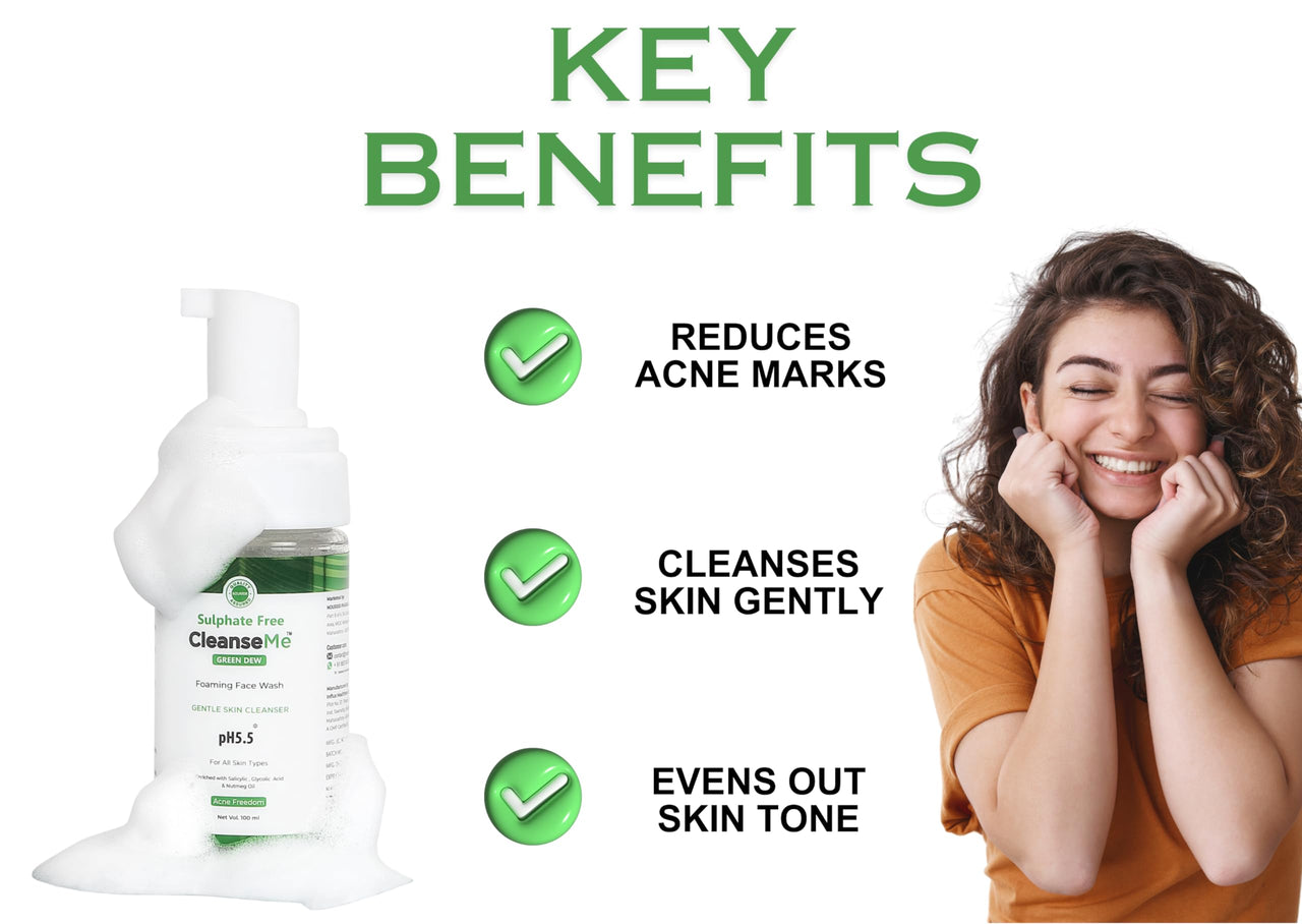 NOURRIR CleanseMe Green Dew Foaming Face Wash | 100ML | Enriched With Glycolic Acid & Nutmeg Oil | Acne Freedom |