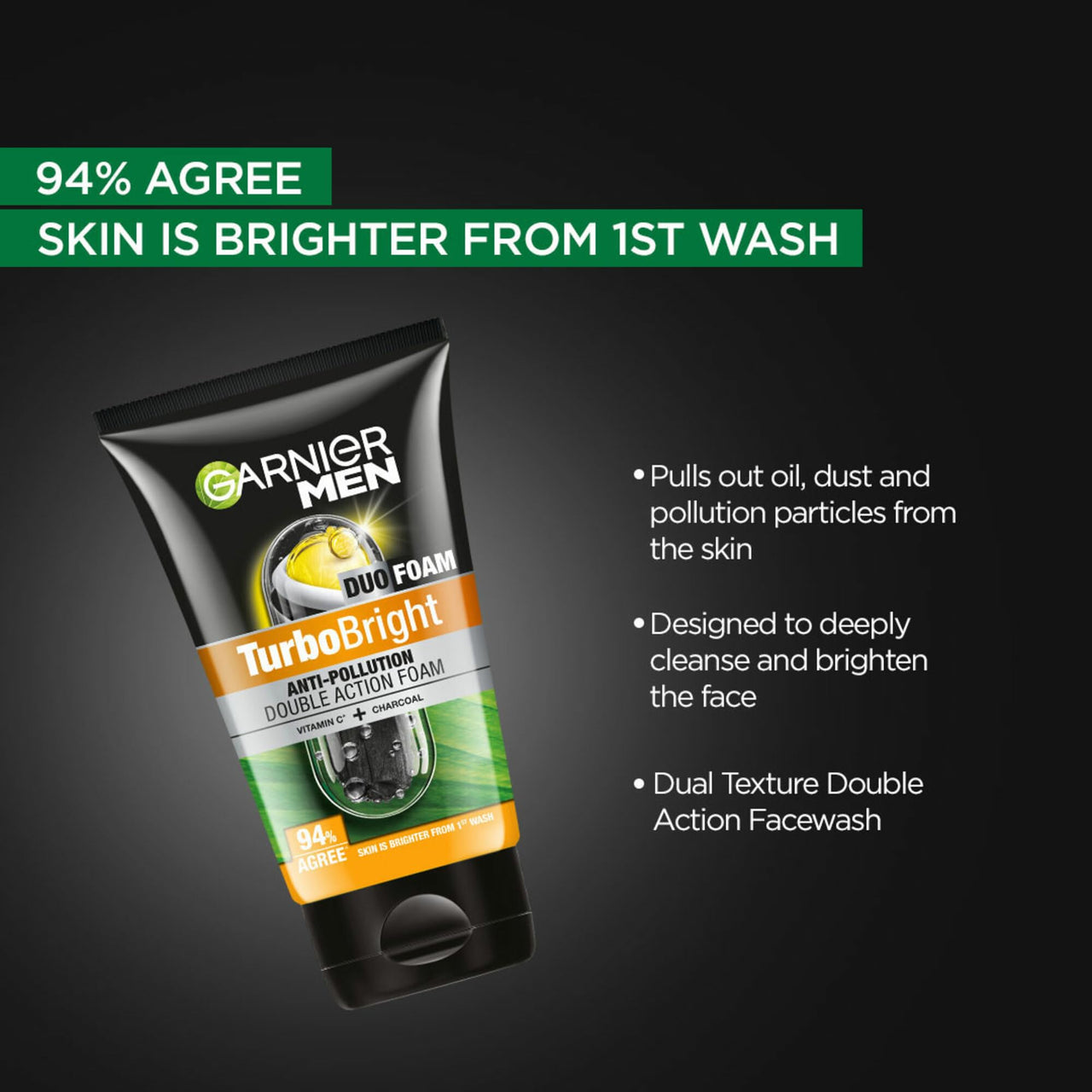 Garnier Men, Face Wash, Brightening & Anti-Pollution, TurboBright Double Action, 100 g (Pack of 2)