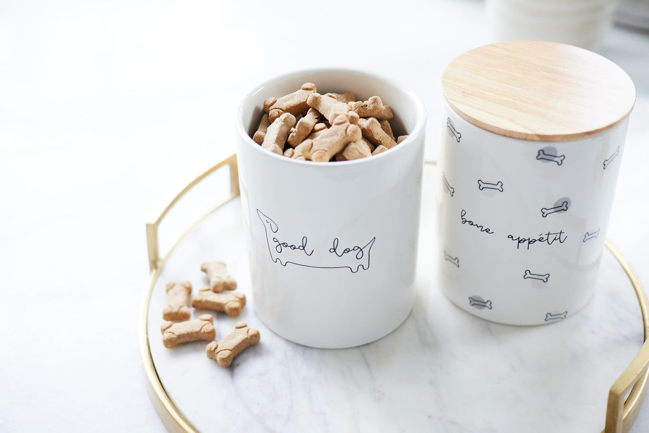 Pearhead Bone Appetite Treat Jar, Ceramic and Wood Pet Treat Canister, Modern Neutral Color Home Kitchen Accessories, Dishwasher Safe, Silicone Seal Lid For Freshness, Dog Biscuit Storage Treat Jar - Bone Appetite