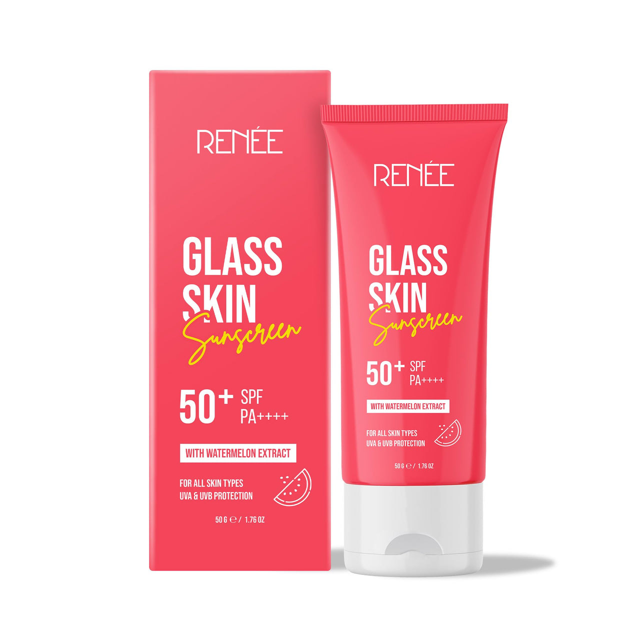 RENEE Glass Skin Gel Sunscreen SPF 50, UVA & UVB Protection, Lightweight, Hydrating & Non-Sticky, Zero White Cast, For Radiant, Supple Skin, Infused with Watermelon, Beetroot & Hyaluronic Acid 50gm