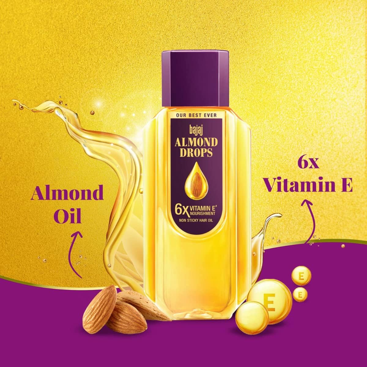 Bajaj Almond Drops Hair Oil, 475ml, Hair Oil, 6X Vitamin E, Almond Oil, Light and Non-Sticky, Hair Fall Control (Pack of 4)