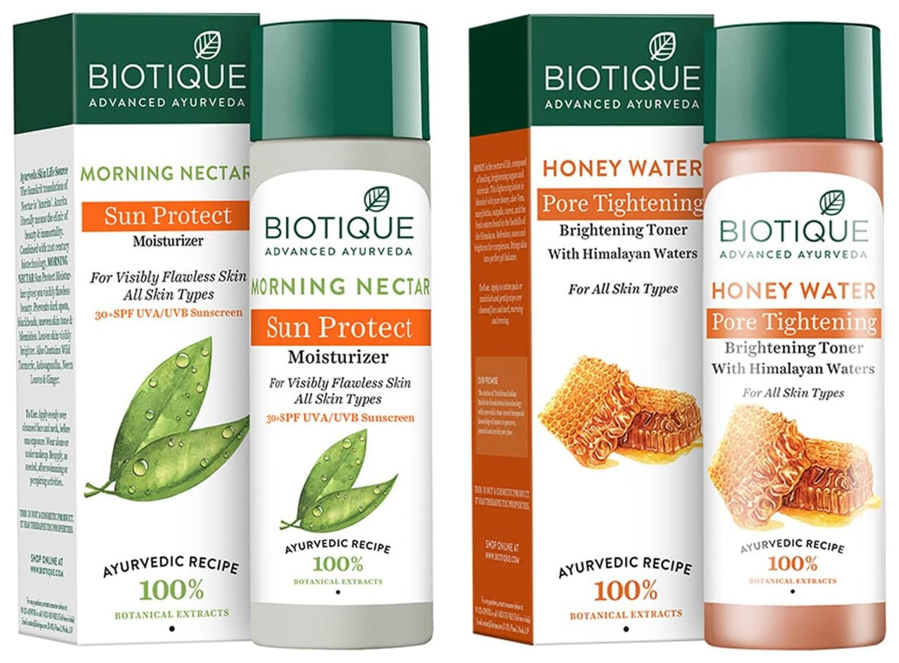 Biotique Bio Morning Nectar Sunscreen Ultra Soothing Face Lotion, SPF 30+, 120ml & Bio Honey Water Clarifying Toner, 120ml