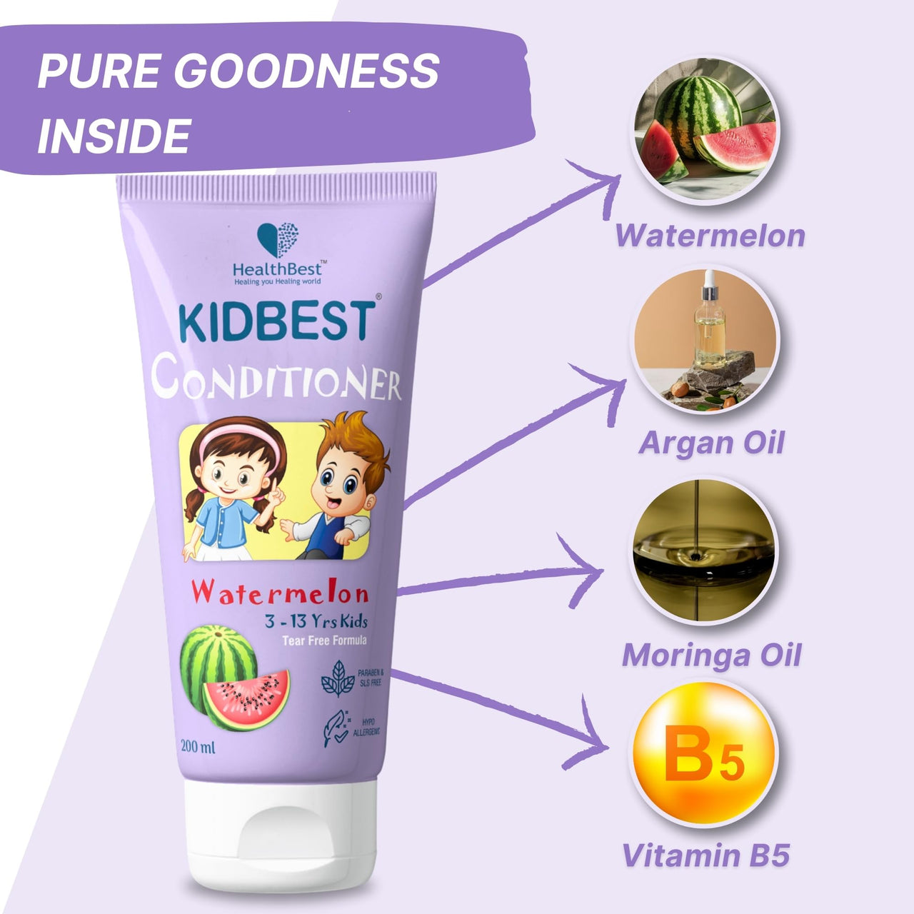 HealthBest Kidbest Conditioner For Kids | Nourishing Hair | All Hair Smoothing | Tear, Paraben, SLS Free | Watermelon Flavor | 200 ML, 1 Count