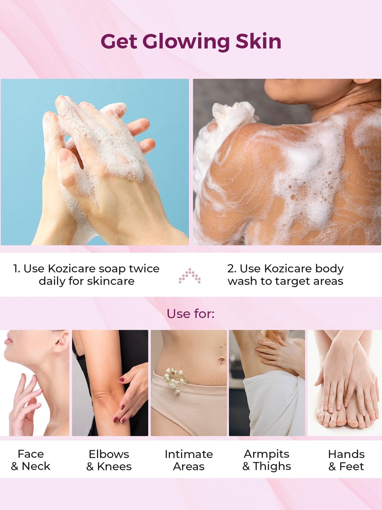 Kozicare Skin Whitening Soap | 3 Soaps For Bath & 1 Kojic Acid Body Wash | Body Tan Removal Soap | TFM Grade 1 Soaps For Bath| Body Wash Shower Gel | Bath Soap Combo Offers | Sabun Soap & Detan Soap