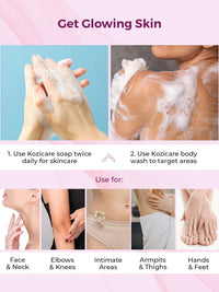 Kozicare Skin Whitening Soap | 3 Soaps For Bath & 1 Kojic Acid Body Wash | Body Tan Removal Soap | TFM Grade 1 Soaps For Bath| Body Wash Shower Gel | Bath Soap Combo Offers | Sabun Soap & Detan Soap