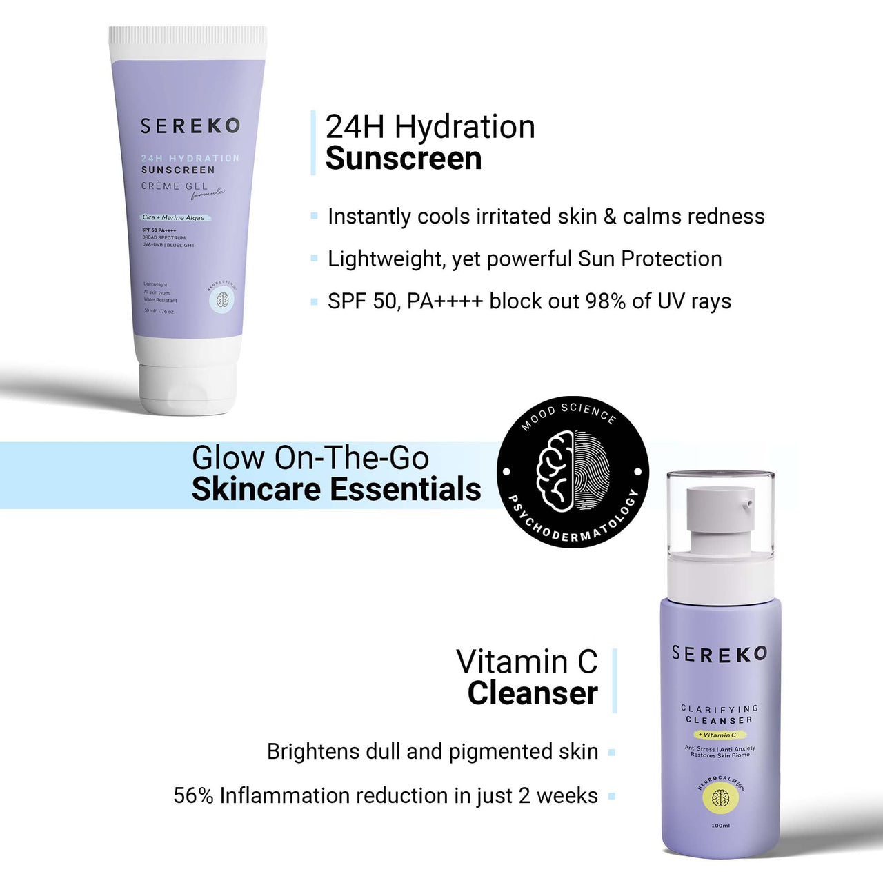 Sereko Skincare Gift Set for Women & Men | Brightening Vitamin C Face Cleanser and Sunscreen SPF 50++++ for Women & Men with Bright Side Tote Bag (Glow On-The-Go Gift Set)
