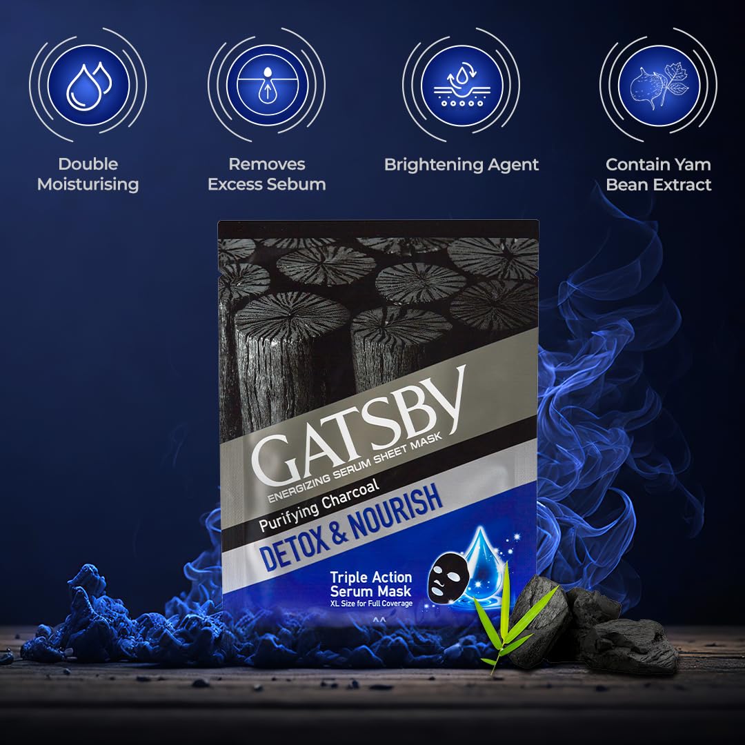 Gatsby Energizing Serum Sheet Mask - Purifying Charcoal | Detox & Nourish | Activated 100% Natural Bamboo Charcoal Sheet Mask | Triple Action Serum Face Mask | XL Size For Full Coverage