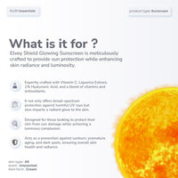 Elvey Essentials Glowing Sunscreen SPF 50+ PA++++ with Vitamin C, Hyaluronic Acid & Liquorice for All Skin Types | Broad Spectrum, UVA/UVB & Blue Light Protection | No White Cast, Water Resistant & Non Irritant (50g)