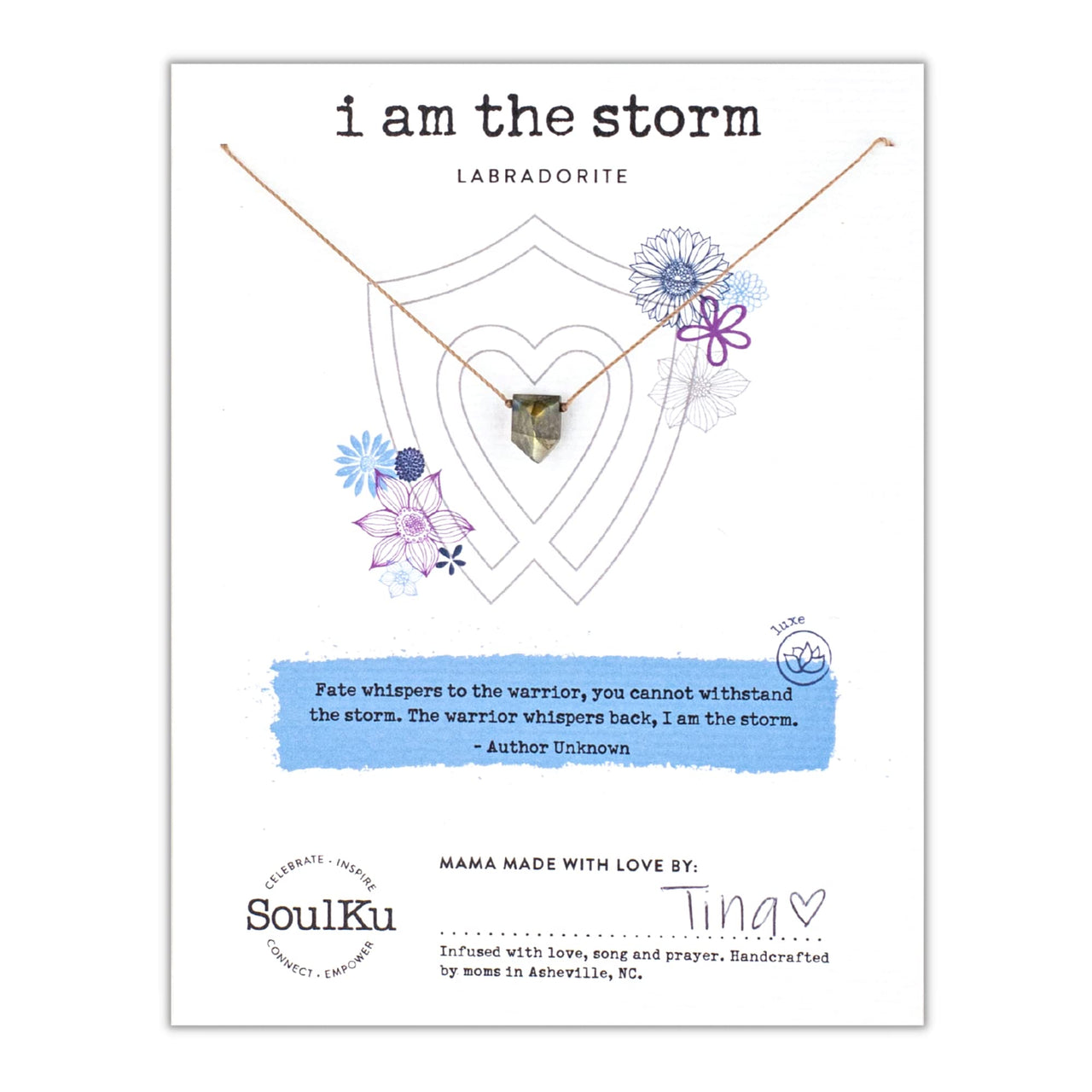 SoulKu Empowering Necklace, Empowering Jewelry With Healing Crystal, Inspirational Necklace For Strong Women, Mom & Sister, 16" Cord with 2" Sterling Silver Extender (Labradorite) Labradorite