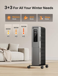 PELONIS Oil Filled Radiator, Electric Space Heater for Indoor Use Large Room with Thermostat & Remote, 3 Modes & 3 Heat Settings, ECO Mode, 24H Timer, Quiet, Overheat & Tip-Over Protection, 1500W Premium with LED Display Black