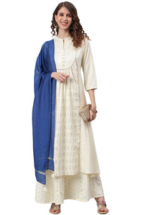 Janasya Women's  Off- White and Silver Poly Silk Kurta With Palazzo and Dupatta