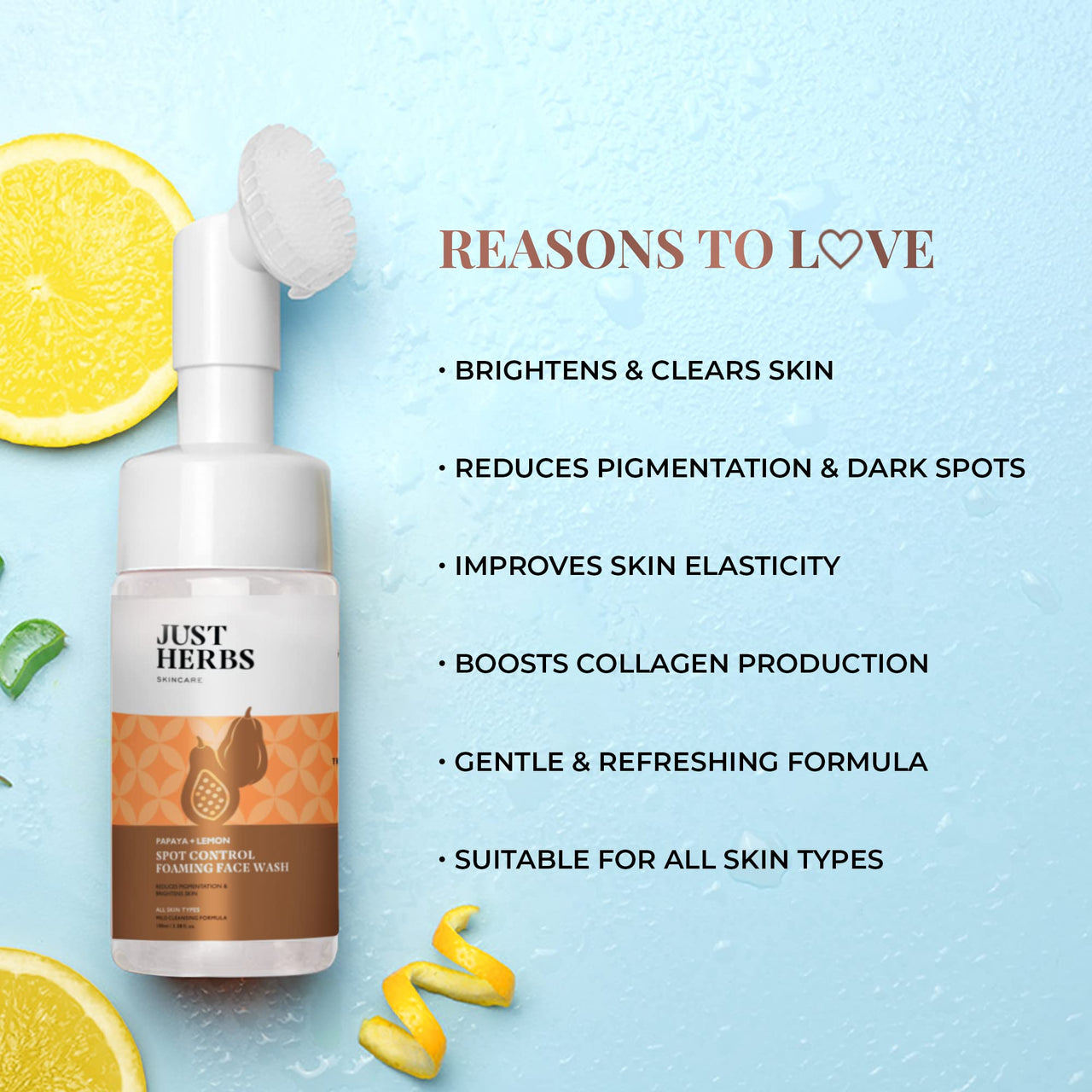 Just Herbs Brightening Foaming Face Wash With Vitamin C, Papaya and Lemon for Dark spot Reduction and Clear Skin - 100ml