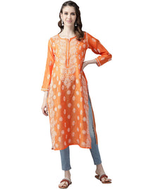 Ada Hand Embroidered New Lucknowi Chikankari Chanderi Kurta Kurti for Women A411175