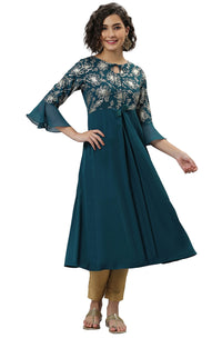 Janasya Women's  Teal Ethnic Motifs Crepe Kurta S