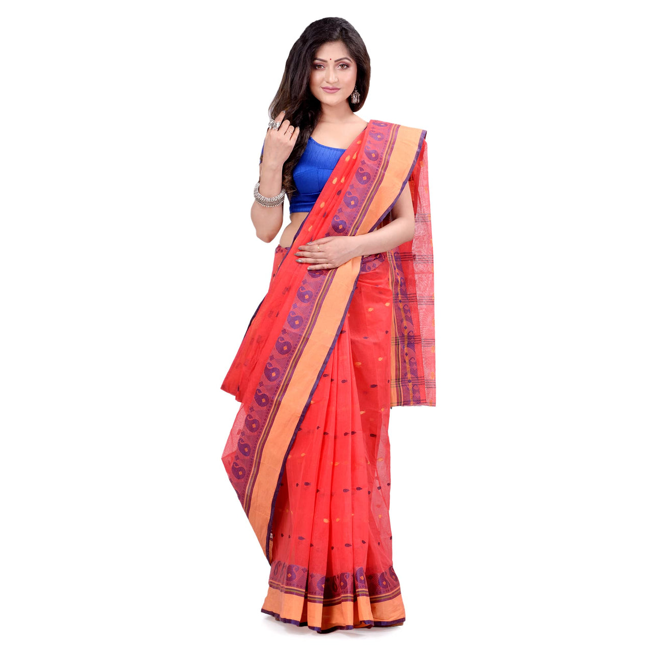 dB DESH BIDESH Women`s Traditional Bengal Tant Woven Minakari Kolka Design Pure Handloom Cotton Saree Without Blouse Piece