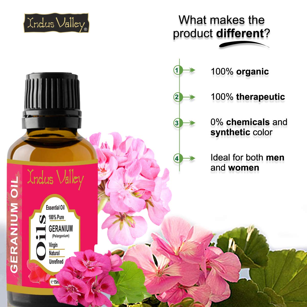 Indus Valley 100% Pure Natural & Organic, Undiluted Geranium Essential Oil with Glass Dropper for Skin, Hair Care -15ml