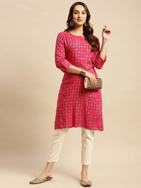 rangita Women Rayon Gold Printed Calf Length Straight Kurti