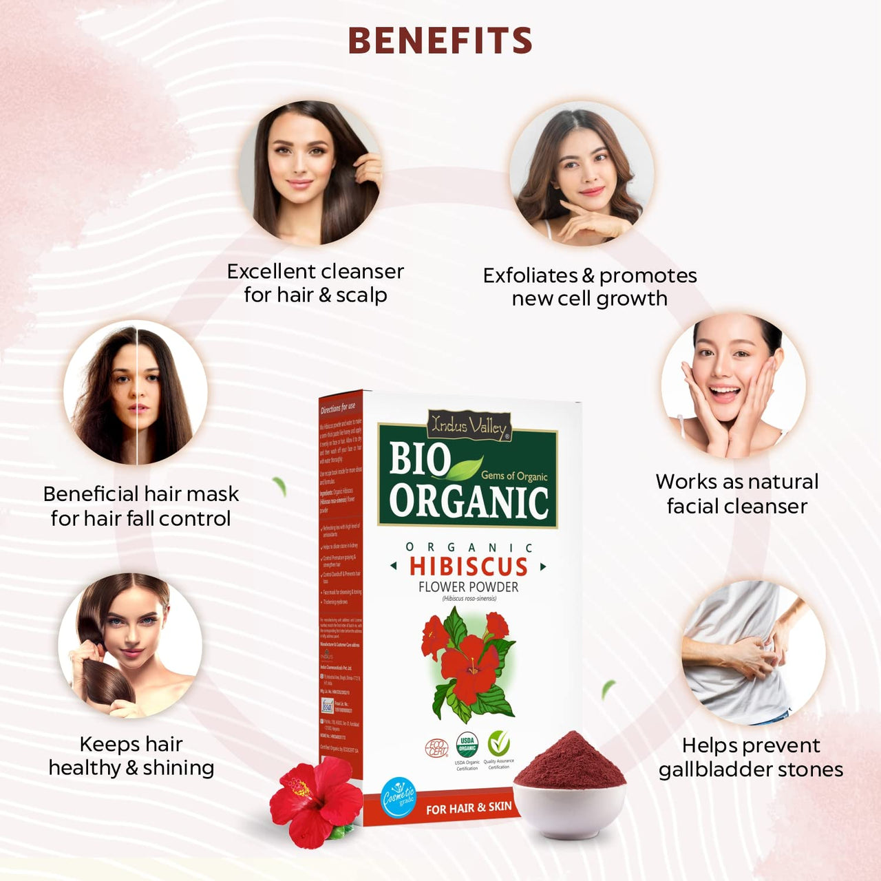 INDUS VALLEY Bio Organic Hibiscus Flower Powder for Face Pack and Hair Mask, Natural Pure Hibiscus Rosa-Sinensis Hair & Skin Care, Gudhal Ka Phool Powder For Dull Hair & Dry Scalp - 100g