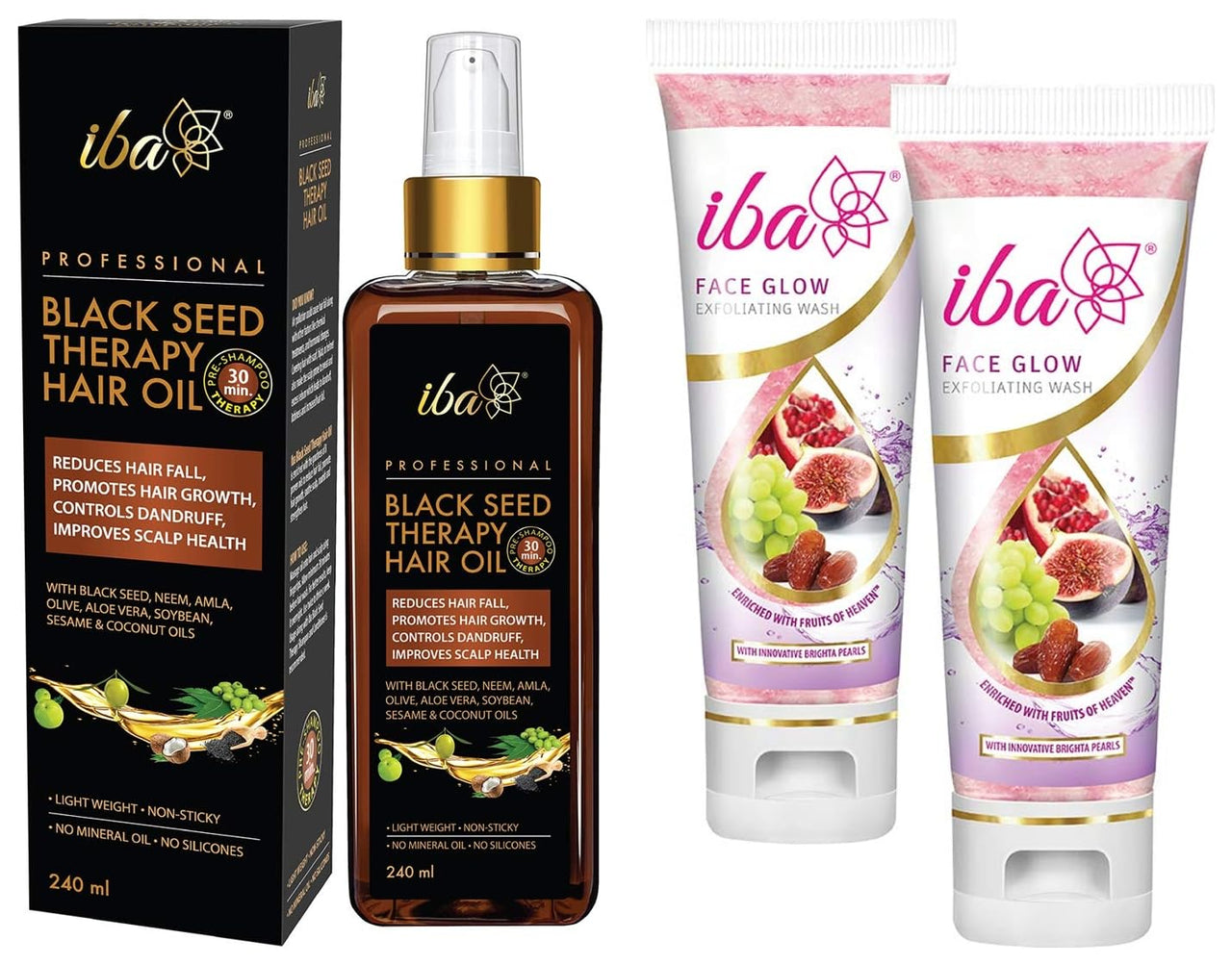 Iba Face Glow Exfoliating Wash, 100ml (Pack of 2) Professional Black Seed Therapy Hair Oil - Lightweight Non-Sticky Mineral Oil Free Dark Brown | Halal Certified & Vegan