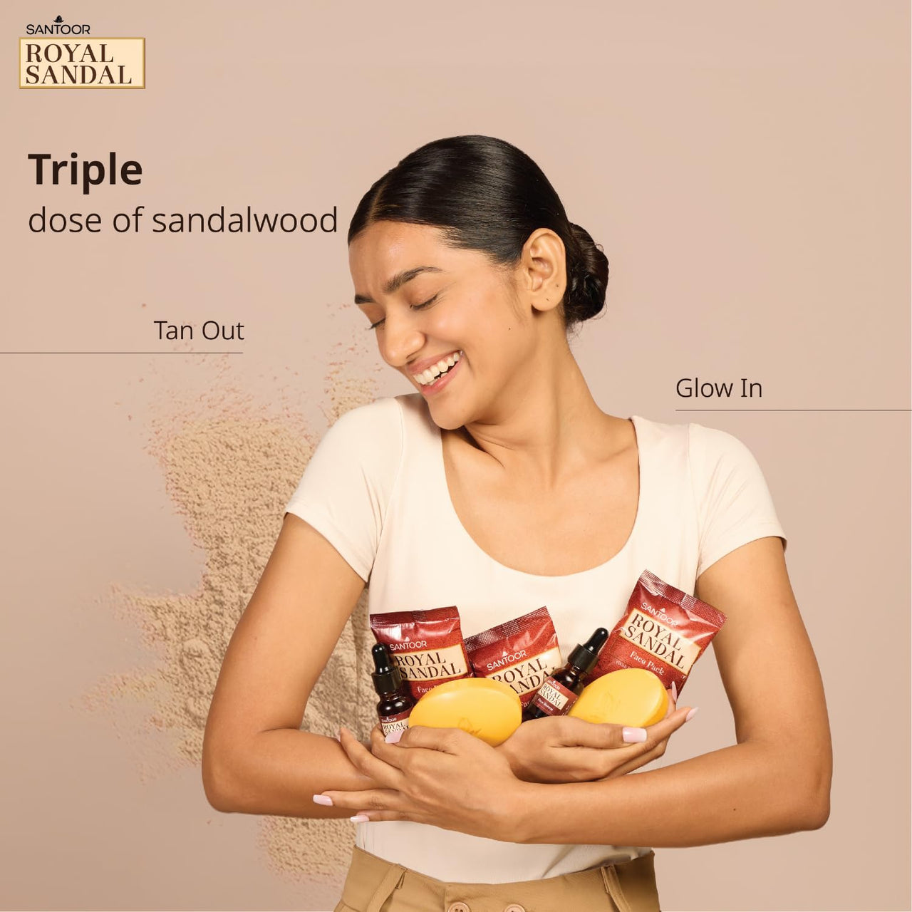 Santoor Royal Sandal Soap, Serum & Face Pack | 100% Sandalwood Oil & Powder | 3-Step Natural Detan | Tan-Free Complexion, Even Skin Tone & Glow | 125g x 6 Soaps + 20g Face Pack + 15ml Serum