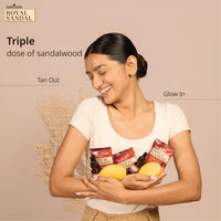 Santoor Royal Sandal Soap, Serum & Face Pack | 100% Sandalwood Oil & Powder | 3-Step Natural Detan | Tan-Free Complexion, Even Skin Tone & Glow | 125g x 6 Soaps + 20g Face Pack + 15ml Serum