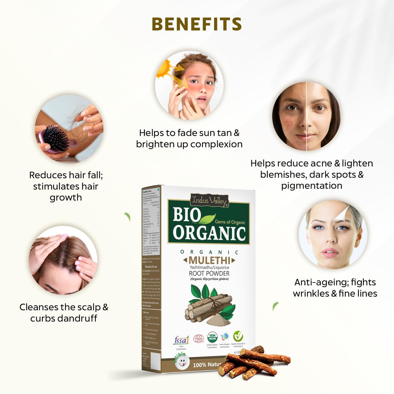 INDUS VALLEY BIO Organic Multani Mitti Powder (Bentonite clay) for Skin & Hair | Mulethi Powder for Face | Yashtimadhu | Liquorice | Glycyrrhiza Glabra (200g + 100g =300g)