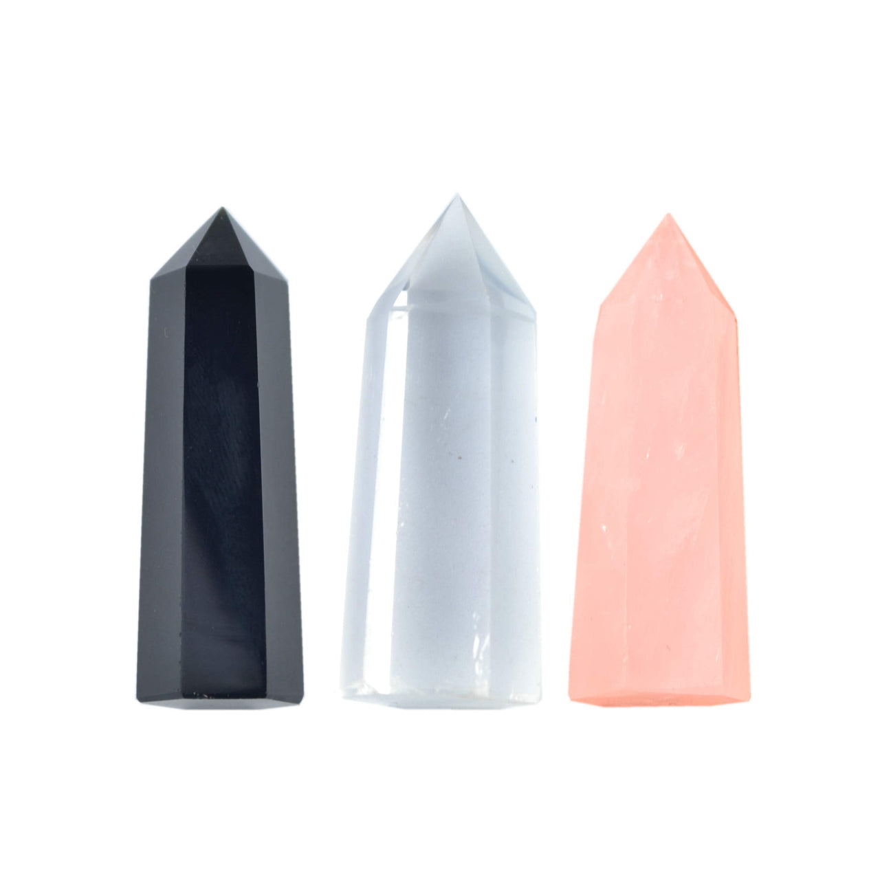 FHNP367 Natural Pink Rose Quartz, Clear Crystal, Black Obsidian Point Wands - 3 inch Healing Crystal 6 Faceted Prism Reiki Chakra Meditation Obelisk Tower Gift - Set of 3 Set of 3(obsidian+clear Quartz+rose Quartz)