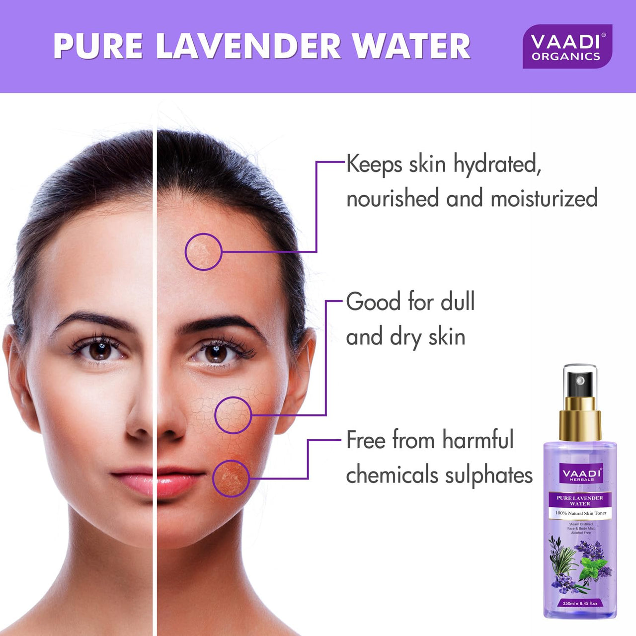 Vaadi Herbals Pvt Ltd Lavender Water -100% Natural & Pure Skin Toner, 250 ml