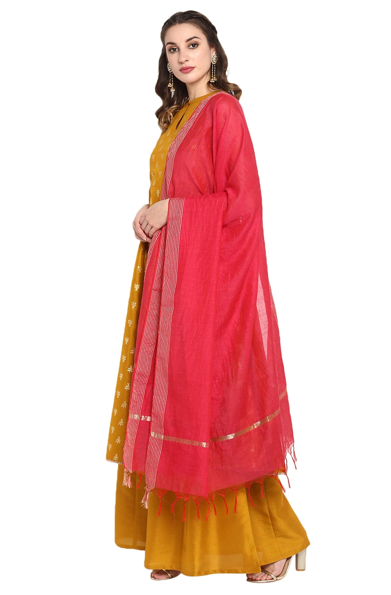 Janasya Women's  Mustard Poly Silk Gold Print Kurta with Palazzo and Dupatta