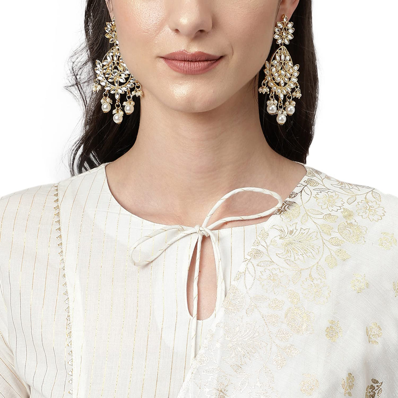 FIORRA Women's  Off White Pure Cotton Flared Kurta with Palazzo and Dupatta S