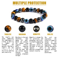 Quadruple protection bracelets for men and women（evil eye, tigers eye,hematite, obsidian）A handmade beaded crystal healing bracelet that can bring luck, happiness and protection(8mm elastic) 8mm elastic
