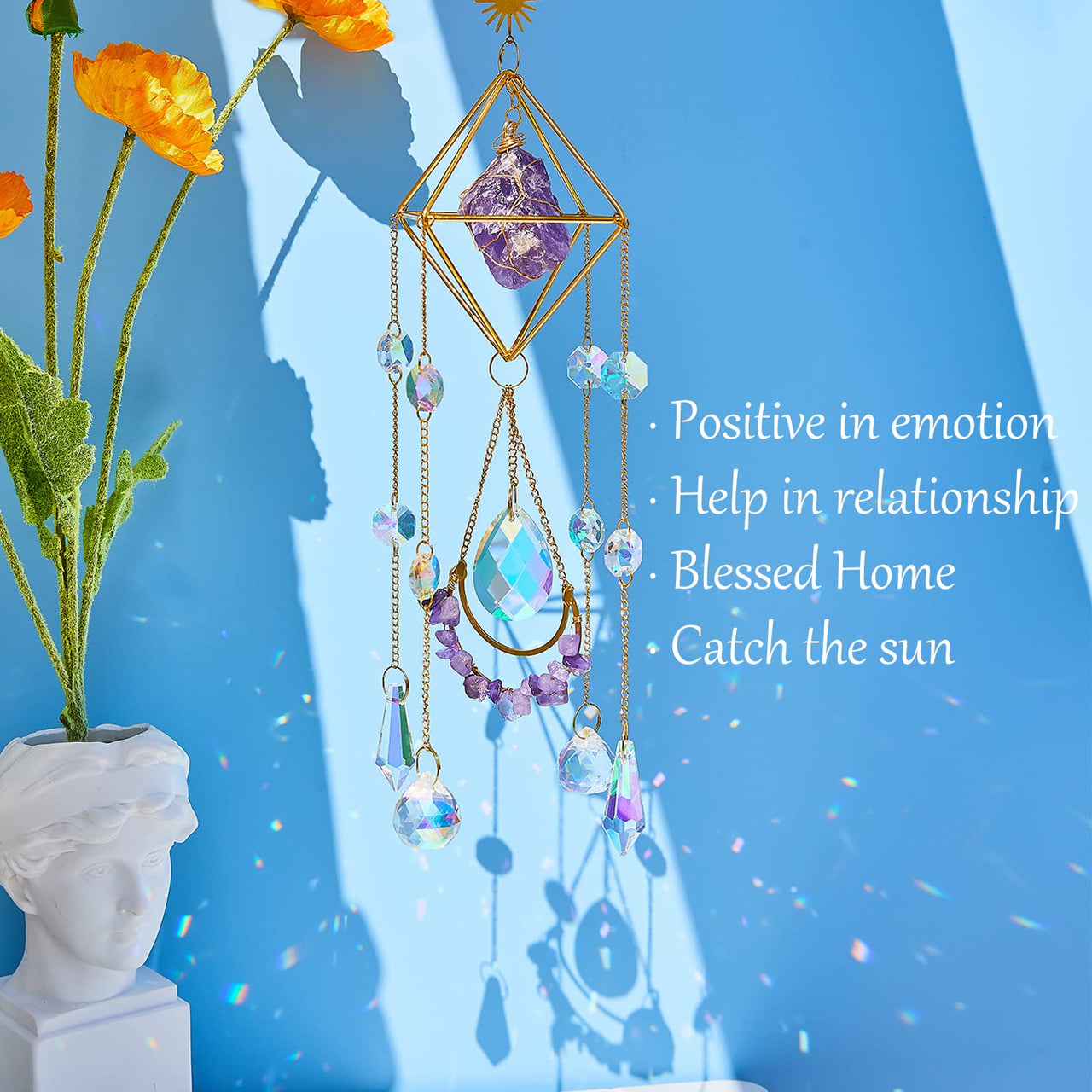 Amethyst Crystal Suncatcher - Hanging Gold Plated Garden Sun Catcher for Windows, Healing Amethyst Crystal Decor for Home, Gift for Christmas Birthday Valentine Mothers Day