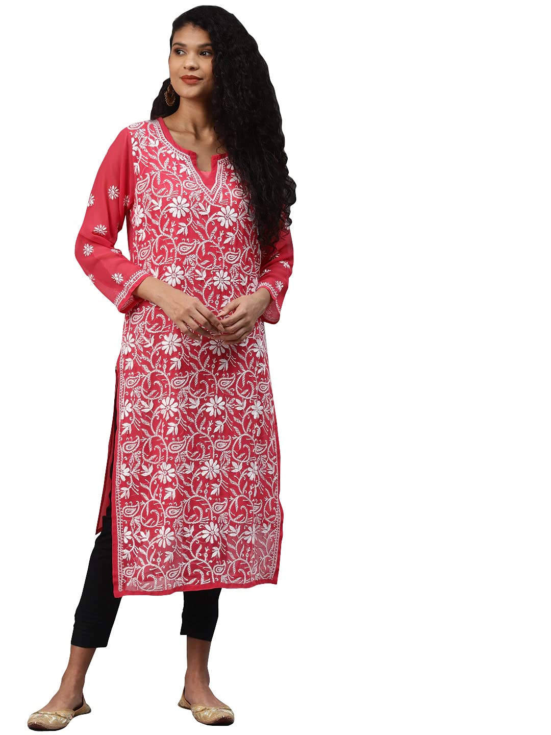 Ada Lucknowi Hand Embroidered Traditional Chikankari Georgette Kurta Kurti with Slip for Women