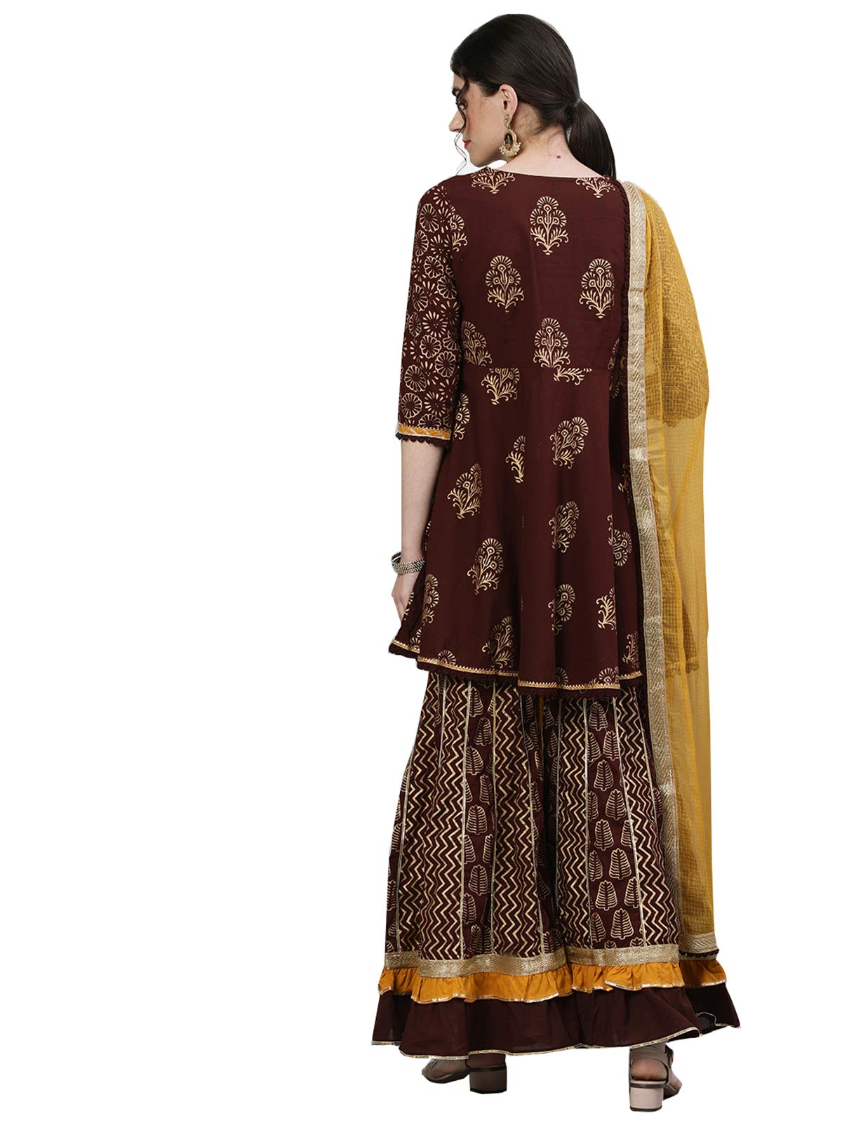 Ishin Women's  Cotton Brown Embellished Peplum Kurta Sharara Dupatta Set