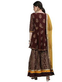 Ishin Women's  Cotton Brown Embellished Peplum Kurta Sharara Dupatta Set